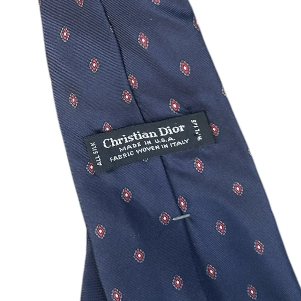 Christian Dior Mens Navy Silk Geometric Diamond Pattern‎ Necktie Made in USA Vtg